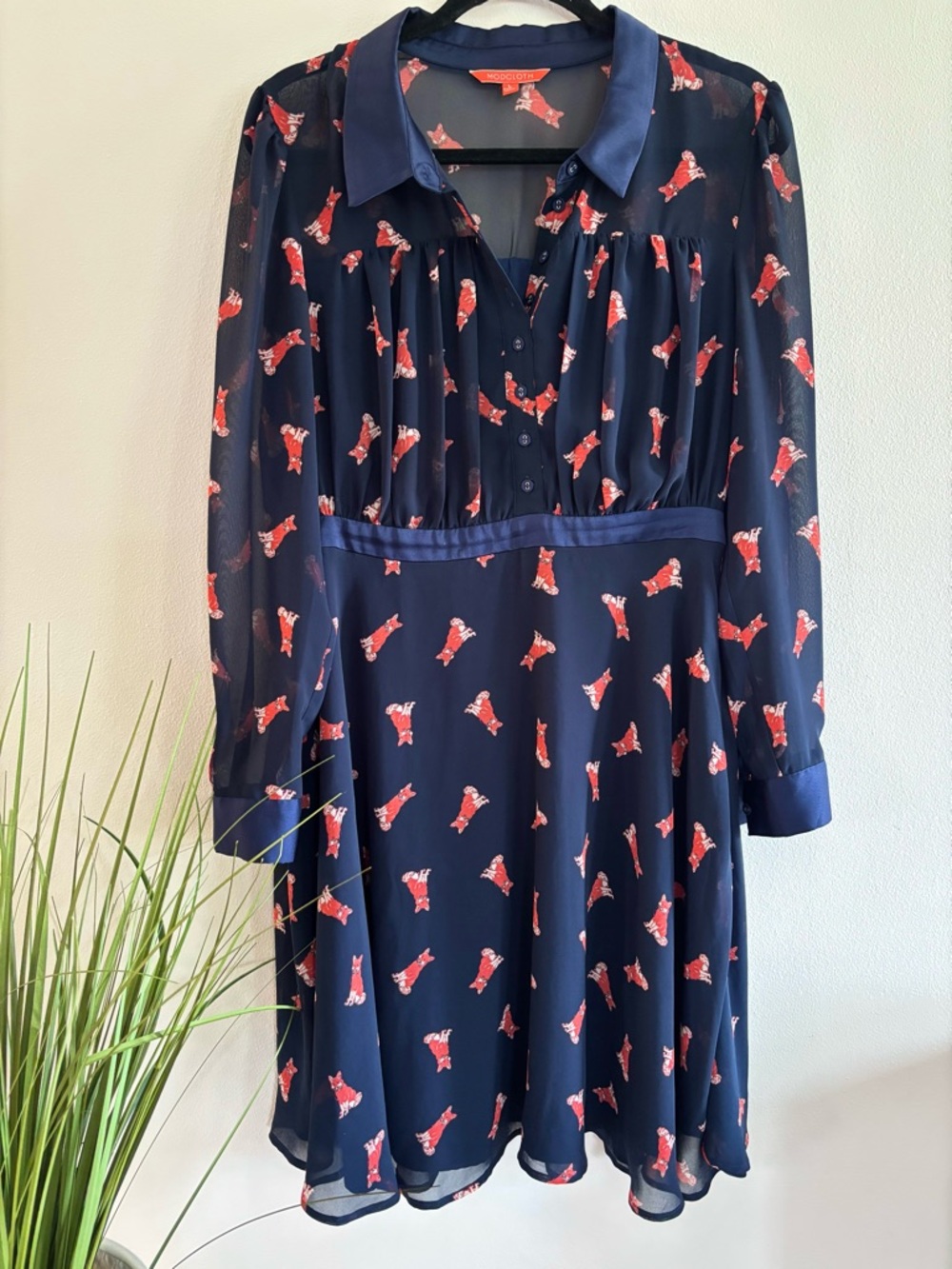 ModCloth | Navy Long Sleeve Chiffon Shirt Dress in Fox Print